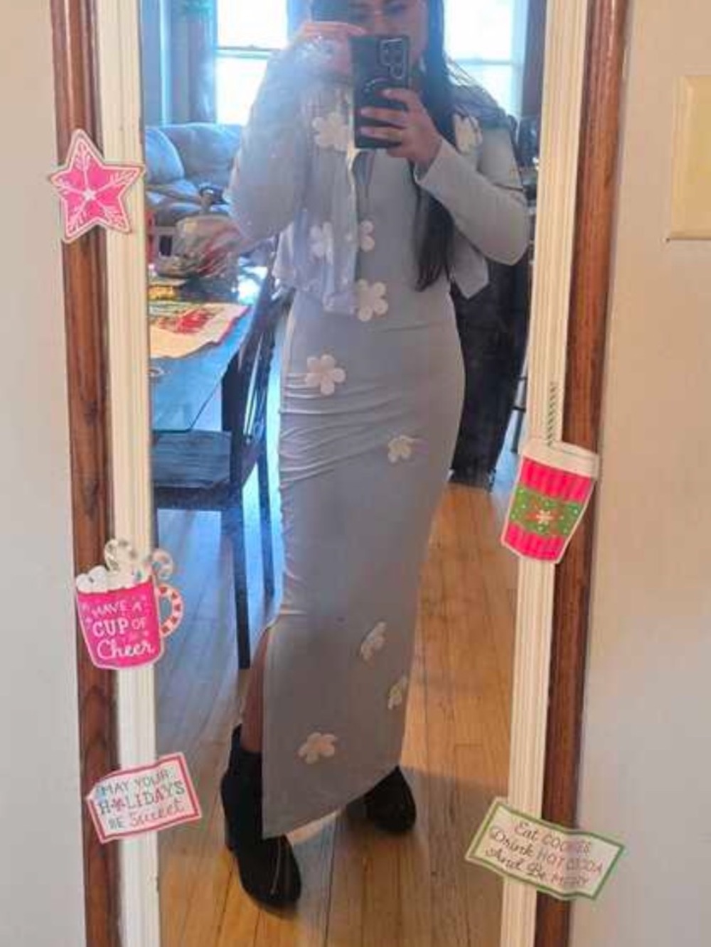 NEW - Elegant Light Blue Jacket & Dress 2 Pieces Set, Floral 3D Decor - Picture 8 of 9